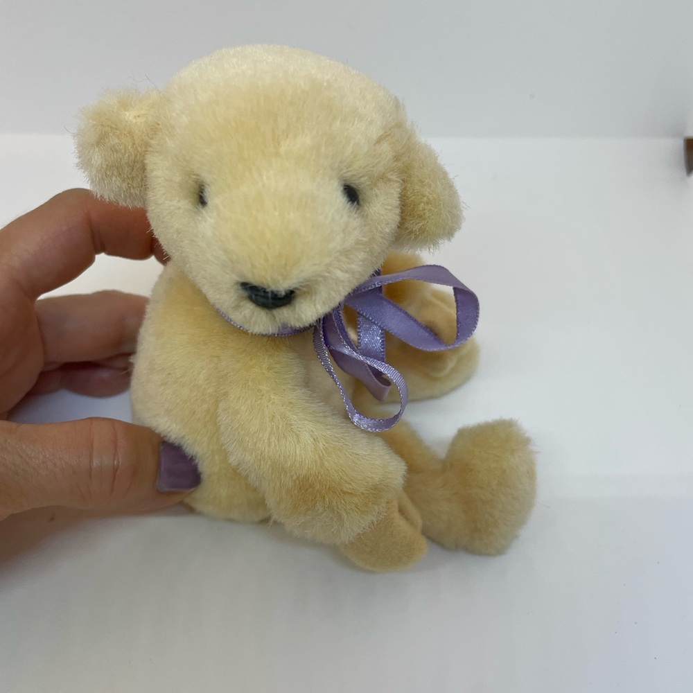 Plush Small Bear Toy in Cream with Purple Ribbon